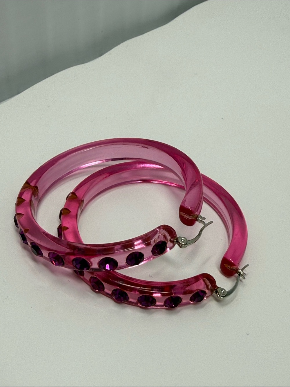Pink translucent acrylic Hoop Earrings with Pink Crystal Accents